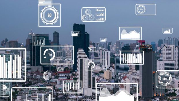 Business data analytic interface fly over smart city showing alteration future of business intelligence. Computer software and artificial intelligence are used to analyze big data for strategic plan .