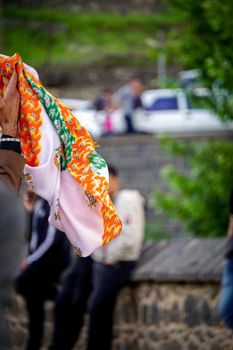 8 May 2022 Diyarbakir Turkey. People playing halay with drum and zurna on ten eyed bridge