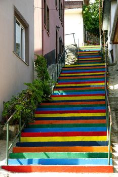 Colorfully painted stairs in Tirilye Bursa Turkey