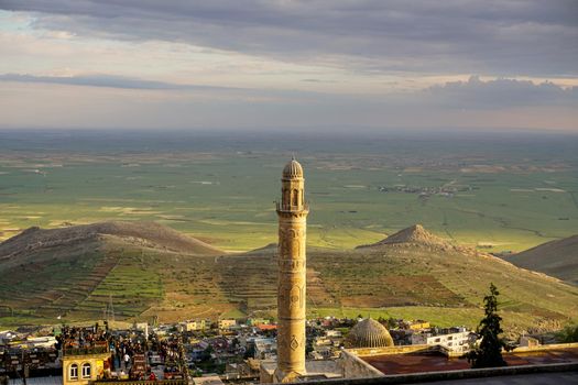 Artuklu Mardin, Turkey 7 May 2022 Mardin landscape at sunset with minaret of Ulu Cami, also known as Great mosque of Mardin