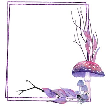 Hand drawn illustration of Halloween mystic magic frame with mushroom purple leaves black branches crystals mushrooms. Spooky horror flowers floral invitation elegant mystic design