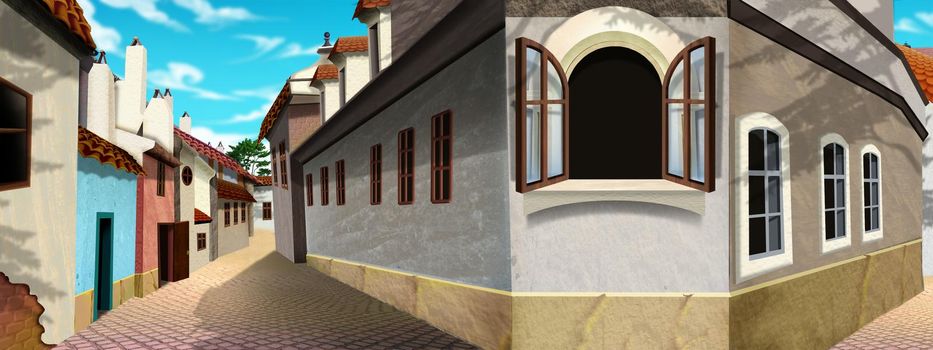 Street of an old small European city. Digital Painting Background, Illustration.