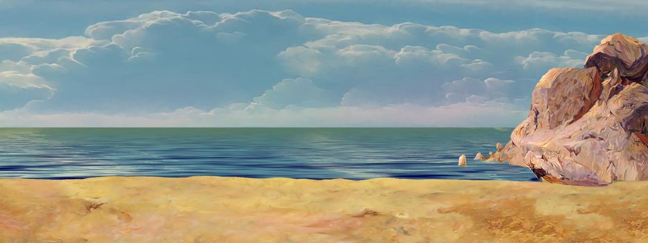 Yellow sandy beach in the lagoon under a blue sky on a sunny day. Digital Painting Background, Illustration.