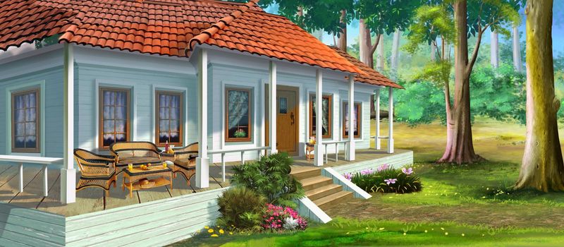 Country house with a veranda on a sunny day. Digital Painting Background, Illustration.