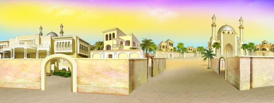 Panorama of the old city in Egypt on a sunny day. Digital Painting Background, Illustration.