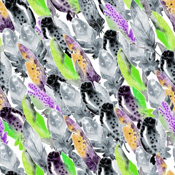 Colorful watercolor feathers pattern. Ethnic hand drawn motif for wrapping, wallpaper, fabric, cards