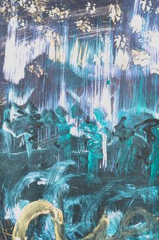 Photo of real draw painted by kindergarten child. Watercolor gouache. Concept art education therapy inspirational hobby. Forest northern lights stars, turquoise white black tone mix colours paints.
