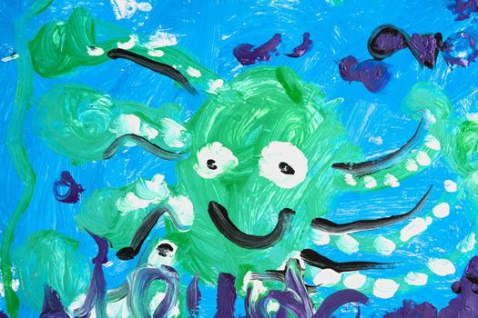 Photo of real draw painted by kindergarten preschool child. Watercolor gouache pencil mix colours. Concept art education class therapy, inspirational hobby. Green octopus smiles blue underwater world.