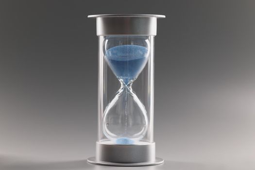 Close-up of measure passing time, countdown, blue sand running through bulbs of hourglass. Urgency, running out of time, transience, hurry up, late concept