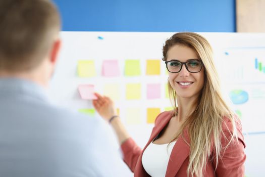 Portrait of businesswoman make notes on board, lead presentation, set goals for next year. Pretty office worker in stylish suit. Business, strategy concept