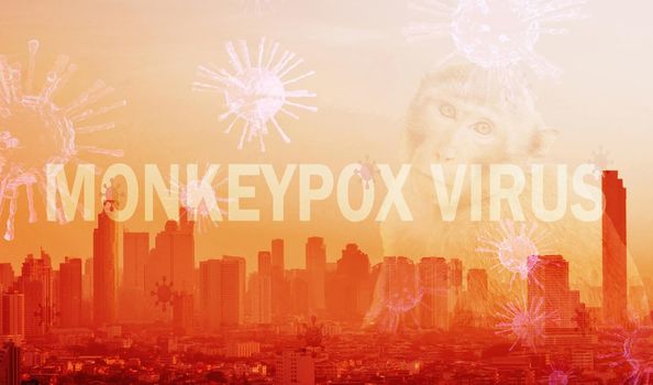 Monkeypox outbreak concept. Monkeypox is caused by monkeypox virus. Monkeypox outbreak prevention, management, and control of the city concept. Cityscape, monkey, and monkey pox virus background.