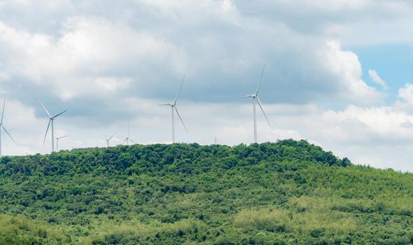 Wind energy. Wind power. Sustainable, renewable energy. Wind turbines generate electricity. Windmill farm on a mountain with blue sky. Green technology. Renewable resource. Sustainable development.