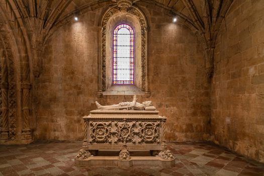 The neo-Manueline style tomb of Vasco da Gama stands in the Jeronimos Monastery in Belem, Lisbon, Portugal
