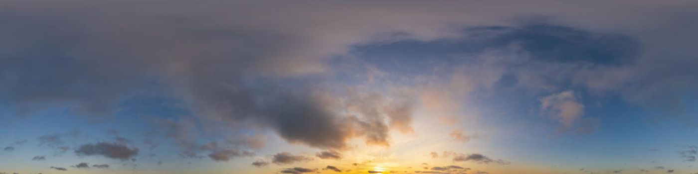 Dark blue sunset sky panorama with pink Cumulus clouds. Seamless hdr 360 pano in spherical equirectangular format. Full zenith for 3D visualization, game, sky replacement for aerial drone panoramas