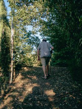 old man with sky pole walking around in garden and farm in summer season