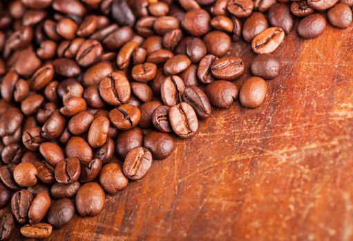 Closeup of coffee beans with focus