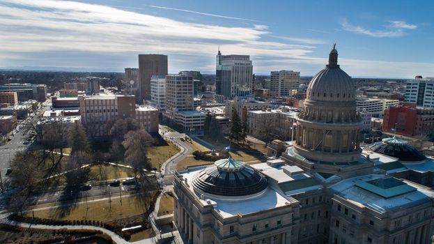 BOISE, IDAHO - FEBRUARY 7, 2021: aerial view of downtown boise from behind teh capital building
