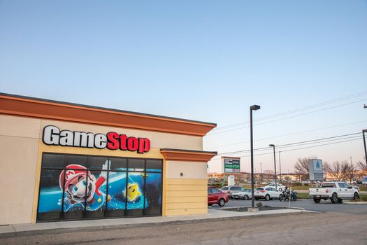 NAMPA, IDAHO - MARCH 30 2021: Gamestop storefront during one of their big stock market rally