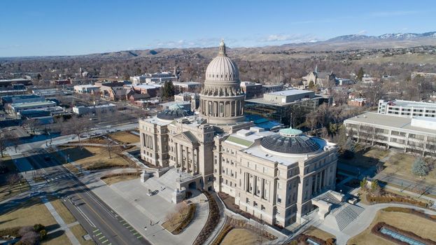 Aerial view of the boise capital building during winter