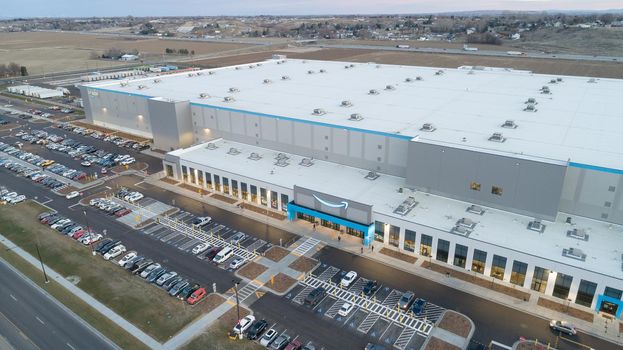 NAMPA, IDAHO - FEBRUARY 7, 2021: View of the Amazon fulfillment center at dusk