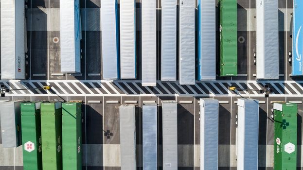 NAMPA, IDAHO - MARCH 21, 2021: Aerial view of the walmart distribution parking lot with truck trailers lined up