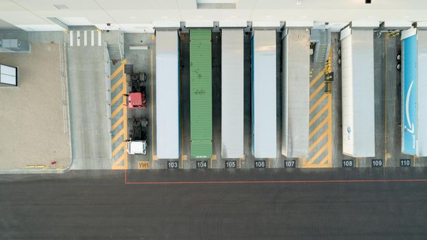 NAMPA, IDAHO - FEBRUARY 7, 2021: looking down on shipping trailers at the Amazon warehouse