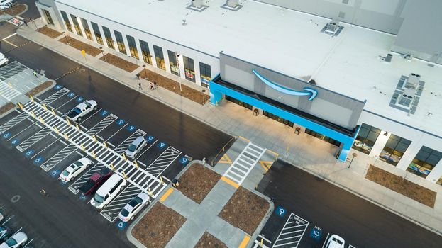 NAMPA, IDAHO - FEBRUARY 7, 2021: Entrance of the amazon Fullfillment center in Nampa, Idaho