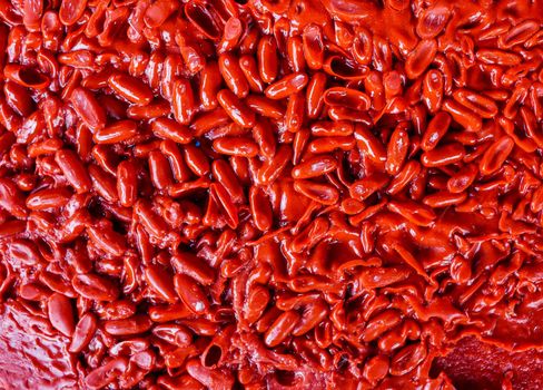 Abstract texture from gelatin capsules. Gelatin capsules of fish oil close-up. Medicine, healthcare or pharmacy concept.