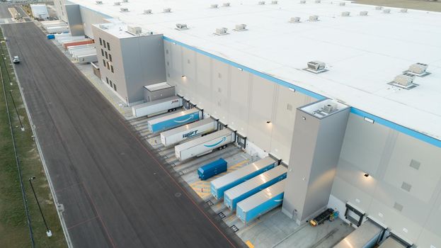 NAMPA, IDAHO - FEBRUARY 7, 2021: shipping trailers ready to be loaded up at the amazon warehouse.