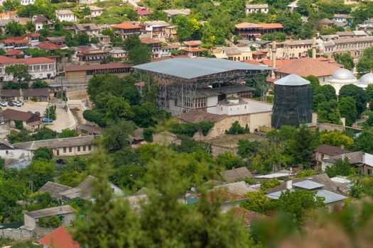 Bakhchisaray monastery cave crimea town assumption old tourism architecture landmark, concept religion monument for famous and ancient museum, view tower. Mountain christ church,