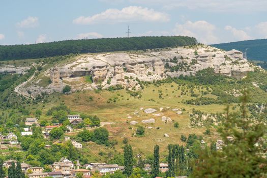 Bakhchisaray assumption town crimea cave monastery old tourism architecture landmark, from religion monument for famous and city mosque, view rock. Mountain sky cliff,