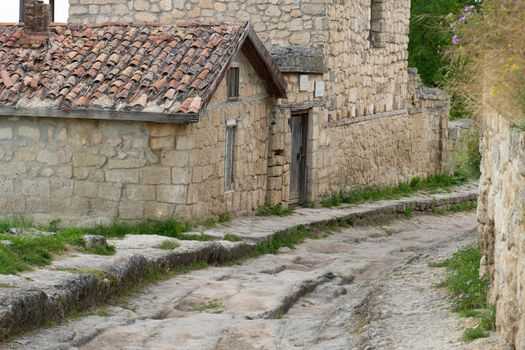 Ancient city road bakhchisaray cave chufut crimea medieval street stone, for history blue for architecture from settlement tree, autumn bakhchisarai. View ruins crimean,