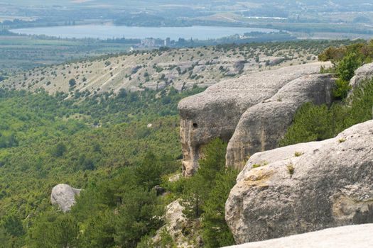 Bakhchisaray assumption crimea town monastery cave old tourism travel building, from summer nature from beautiful and city mosque, sunny canyon. Outdoor sky cliff,