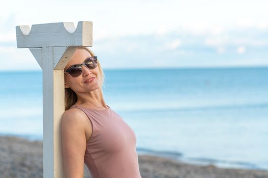 Woman sea girl happy glasses river hair selfie shot vacation, from person water in attractive and fun enjoying, people portrait. Urban leisure picture,