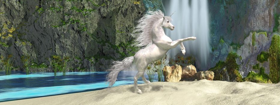 A legendary white Unicorn rears up near a beautiful waterfall.