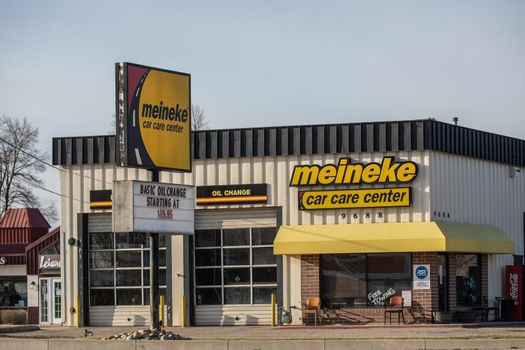 BOISE, IDAHO - MARCH 21, 2021: Auto repair shop Meineke after business hours