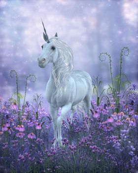 A legendary white Unicorn ambles through purple bell flowers on a walk through the magical forest. 