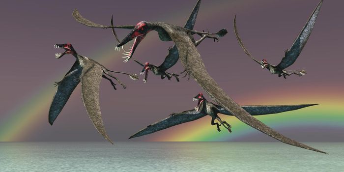 A flock of Dorygnathus Pterosaur reptiles fly over the sea during the Jurassic Period of Europe.