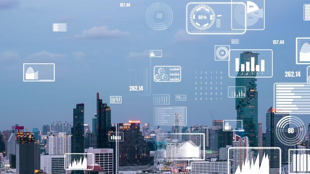 Business data analytic interface fly over smart city showing alteration future of business intelligence. Computer software and artificial intelligence are used to analyze big data for strategic plan .