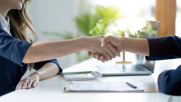 Man and woman are shaking hands in office. Collaborative teamwork..