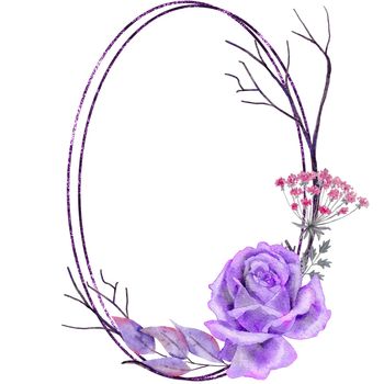 Hand drawn illustration of Halloween mystic magic rose frame with purple leaves black branches crystals mushrooms. Spooky horror flowers floral invitation elegant mystic design