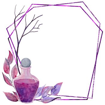 Hand drawn illustration of potion flask Halloween mystic magic frame with purple leaves black branches crystals mushrooms. Spooky horror flowers floral invitation elegant mystic design