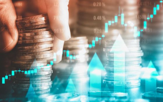 Finance and money technology background concept of business prosperity and asset management . Creative graphic show economy and financial growth by investment in valuable asset to gain wealth profit .