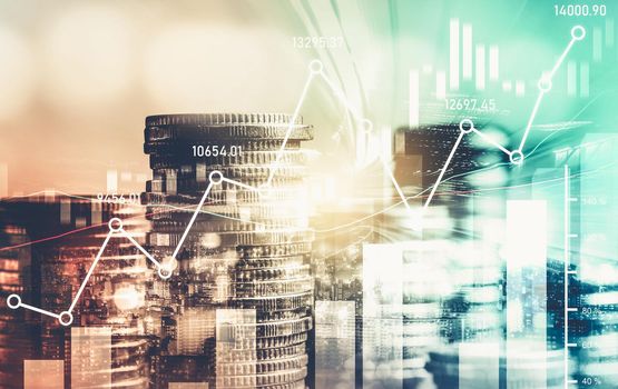 Finance and money technology background concept of business prosperity and asset management . Creative graphic show economy and financial growth by investment in valuable asset to gain wealth profit .