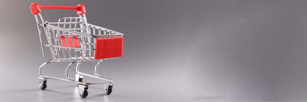 Trolley with chrome handle on gray background. Trolley for carrying products and goods concept