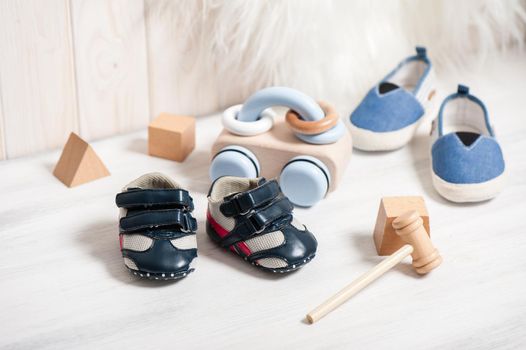 little blue shoes for baby with toys, baby clothing, baby accessories