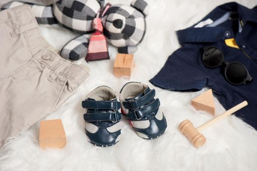 little blue shoes for baby with toys, baby clothing, baby accessories