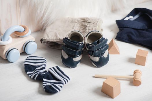 little blue shoes for baby with toys, baby clothing, baby accessories