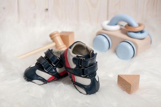 little blue shoes for baby with toys, baby clothing, baby accessories