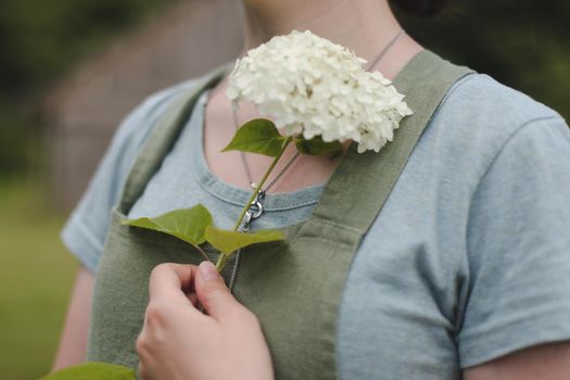 young woman in apron holding flowers in the garden in summer. gardening and profession concept